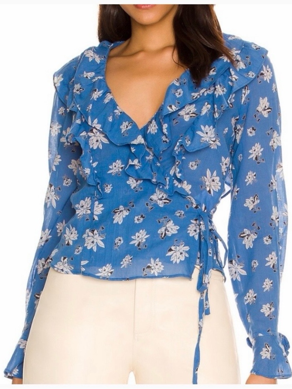 #681 Free People Amanda  Blue Floral Ruffle V-Neck Blouse - Picture 4 of 13